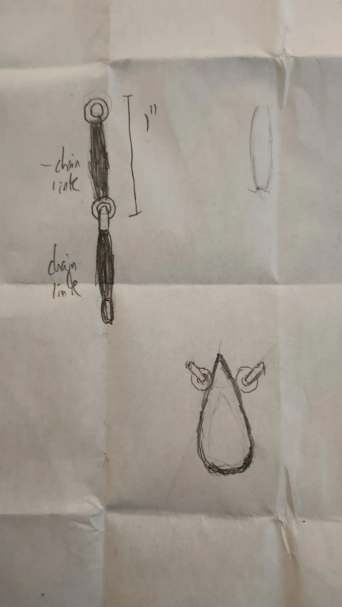 Hand-drawn sketch of custom emerald necklace showing chain link proportions and teardrop pendant setting, designed by A. D'Mae Diamonds Los Angeles