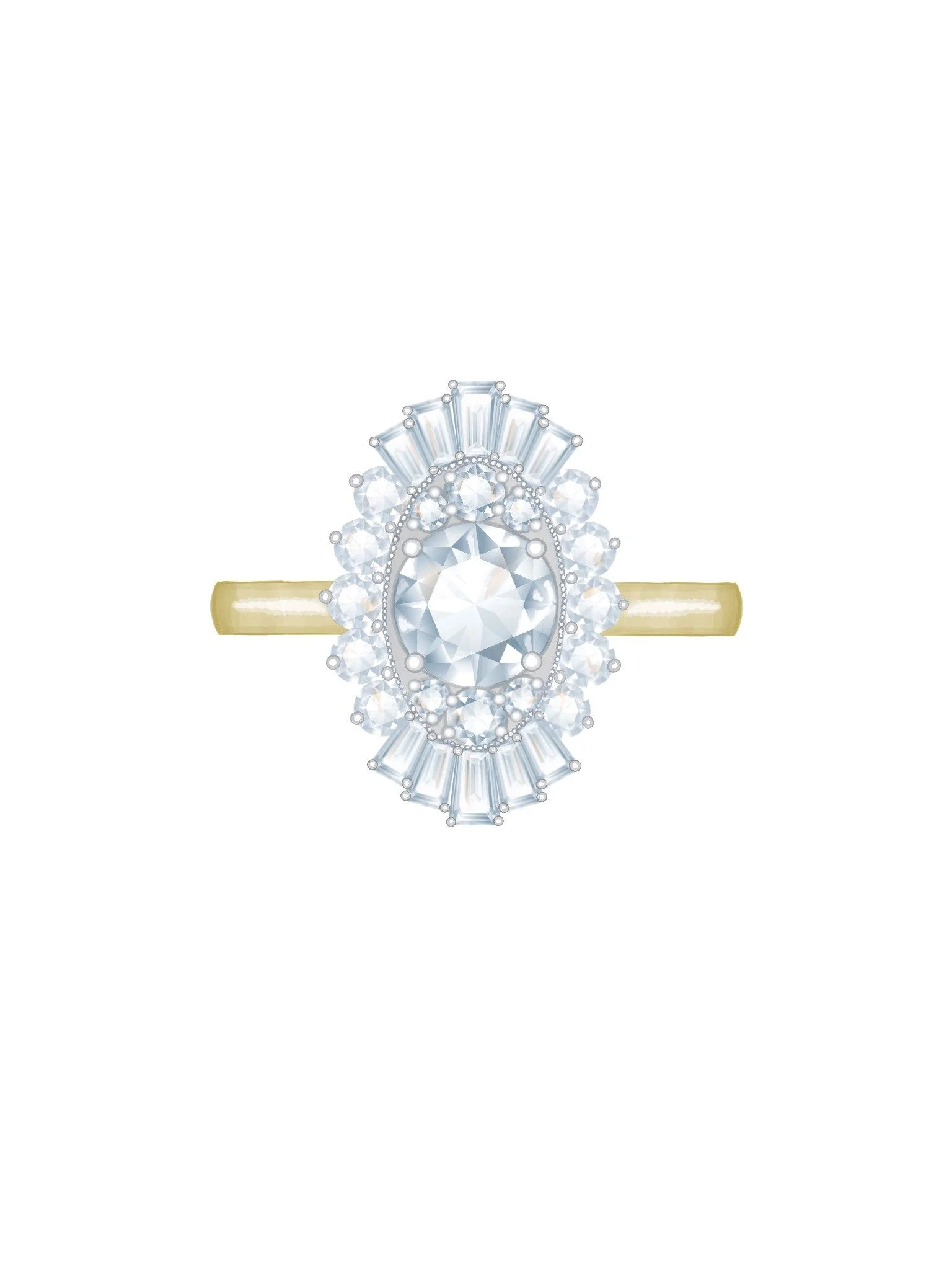 Hand-drawn illustration of ballerina halo engagement ring design using heirloom diamonds, designed by A. D'Mae Diamonds Los Angeles