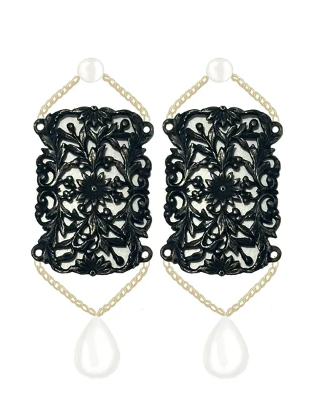 Custom pearl drop earrings with black openwork panels, designed by A. D'Mae Diamonds